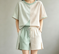Women Asymmetric Color Block Striped Linen Two Piece Outfit, Loose Crew Neck Short Sleeve Top & Drawstring Split Hem Shorts, Casual Summer Loungewear Set
