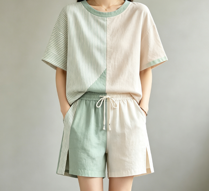 Women Asymmetric Color Block Striped Linen Two Piece Outfit, Loose Crew Neck Short Sleeve Top & Drawstring Split Hem Shorts, Casual Summer Loungewear Set