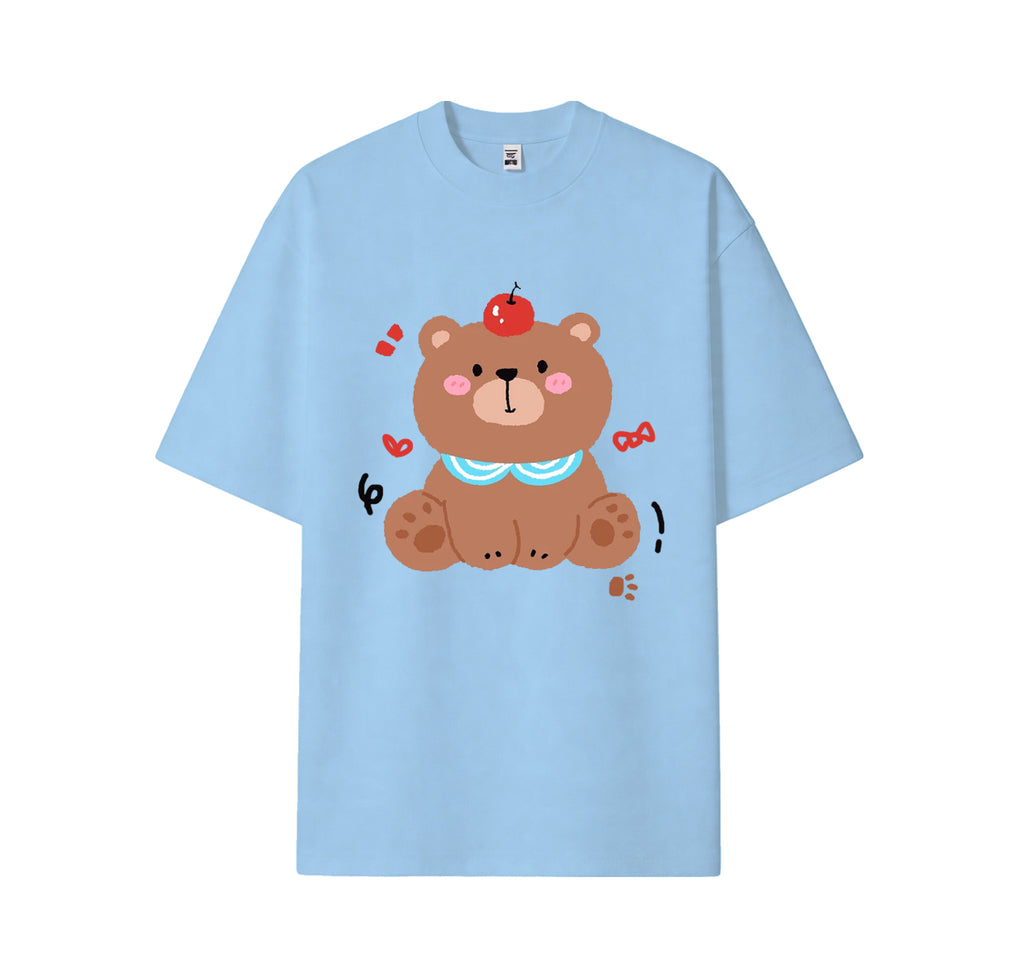 Cute bear print short-sleeved shirt, casual and brightly colored pure cotton short-sleeved shirt for summer, customizable.
