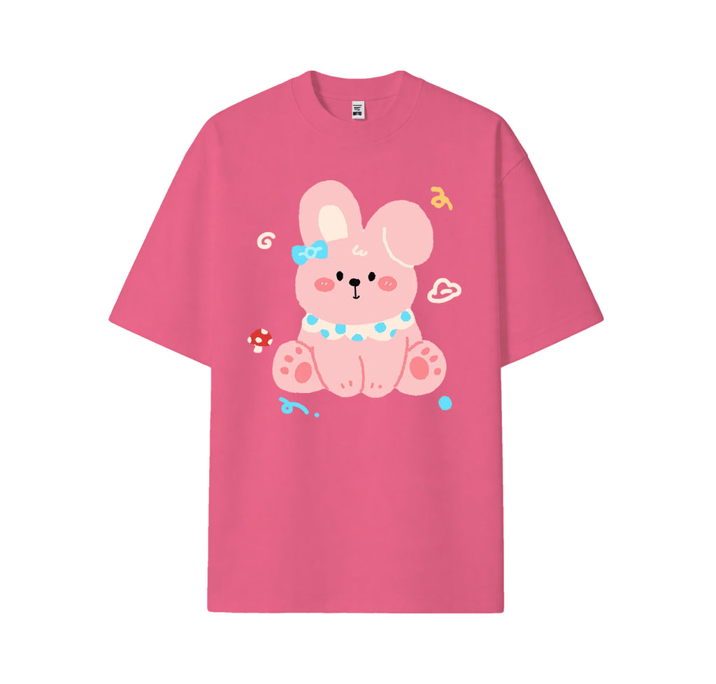 Cute bunny print short-sleeved shirt, casual and brightly colored pure cotton shirt for summer, customizable.