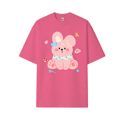 Cute bunny print short-sleeved shirt, casual and brightly colored pure cotton shirt for summer, customizable.