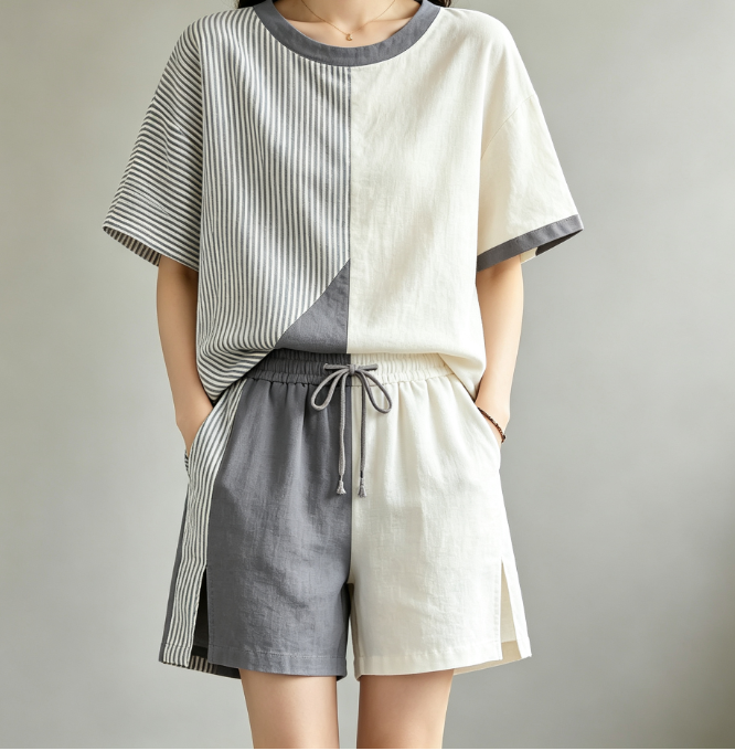 Women Asymmetric Color Block Striped Linen Two Piece Outfit, Loose Crew Neck Short Sleeve Top & Drawstring Split Hem Shorts, Casual Summer Loungewear Set