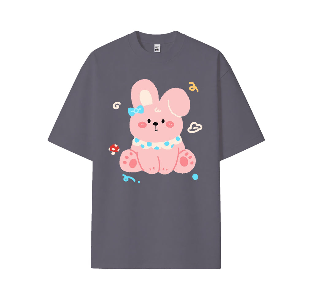 Cute bunny print short-sleeved shirt, casual and brightly colored pure cotton shirt for summer, customizable.