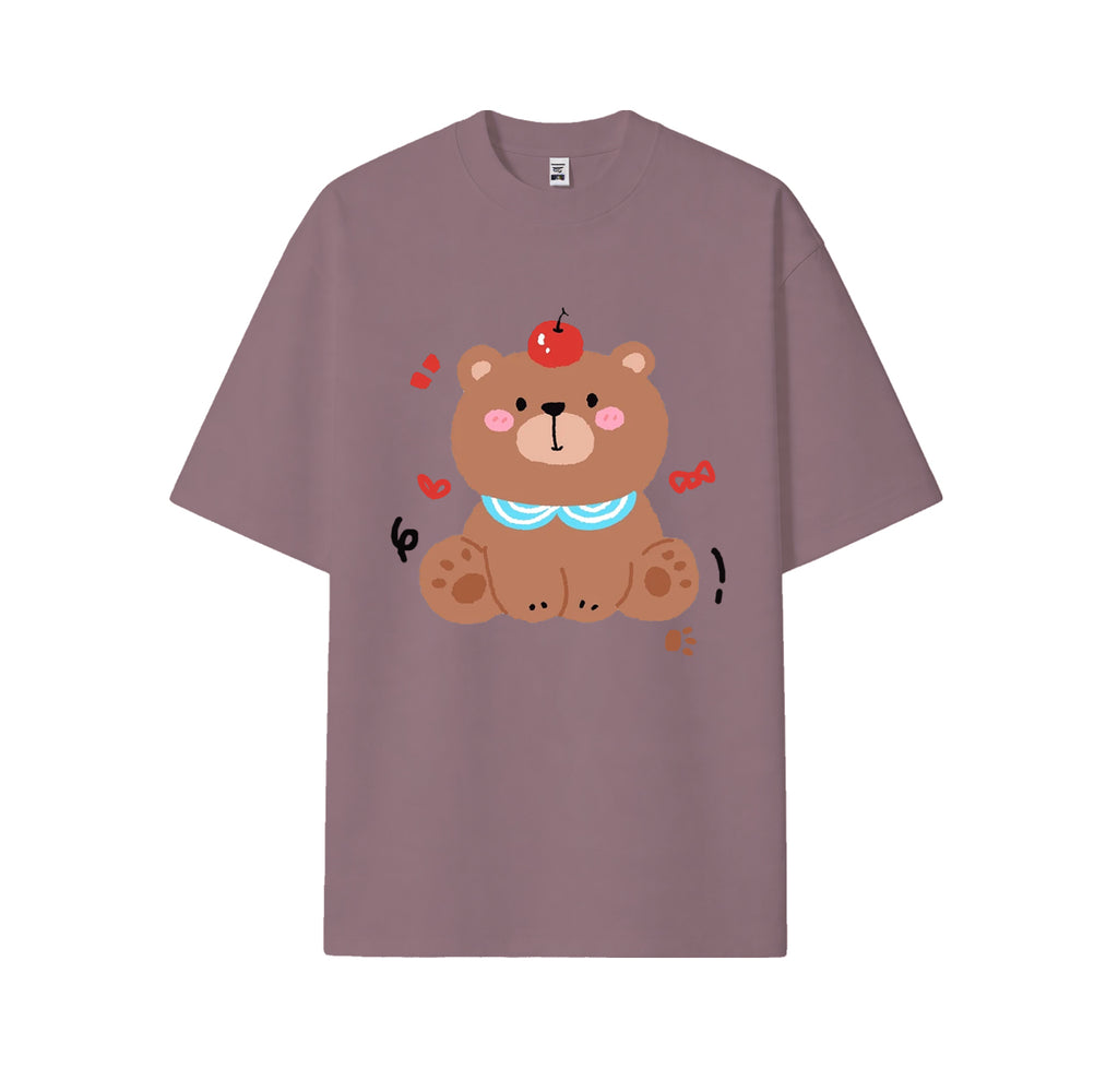 Cute bear print short-sleeved shirt, casual and brightly colored pure cotton short-sleeved shirt for summer, customizable.