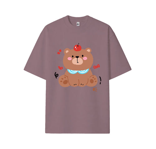 Cute bear print short-sleeved shirt, casual and brightly colored pure cotton short-sleeved shirt for summer, customizable.