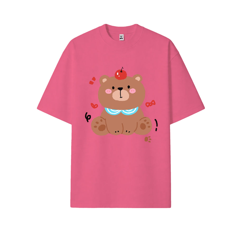 Cute bear print short-sleeved shirt, casual and brightly colored pure cotton short-sleeved shirt for summer, customizable.
