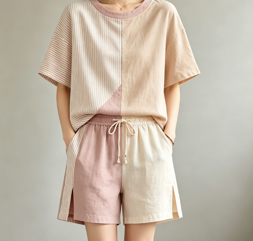 Women Asymmetric Color Block Striped Linen Two Piece Outfit, Loose Crew Neck Short Sleeve Top & Drawstring Split Hem Shorts, Casual Summer Loungewear Set